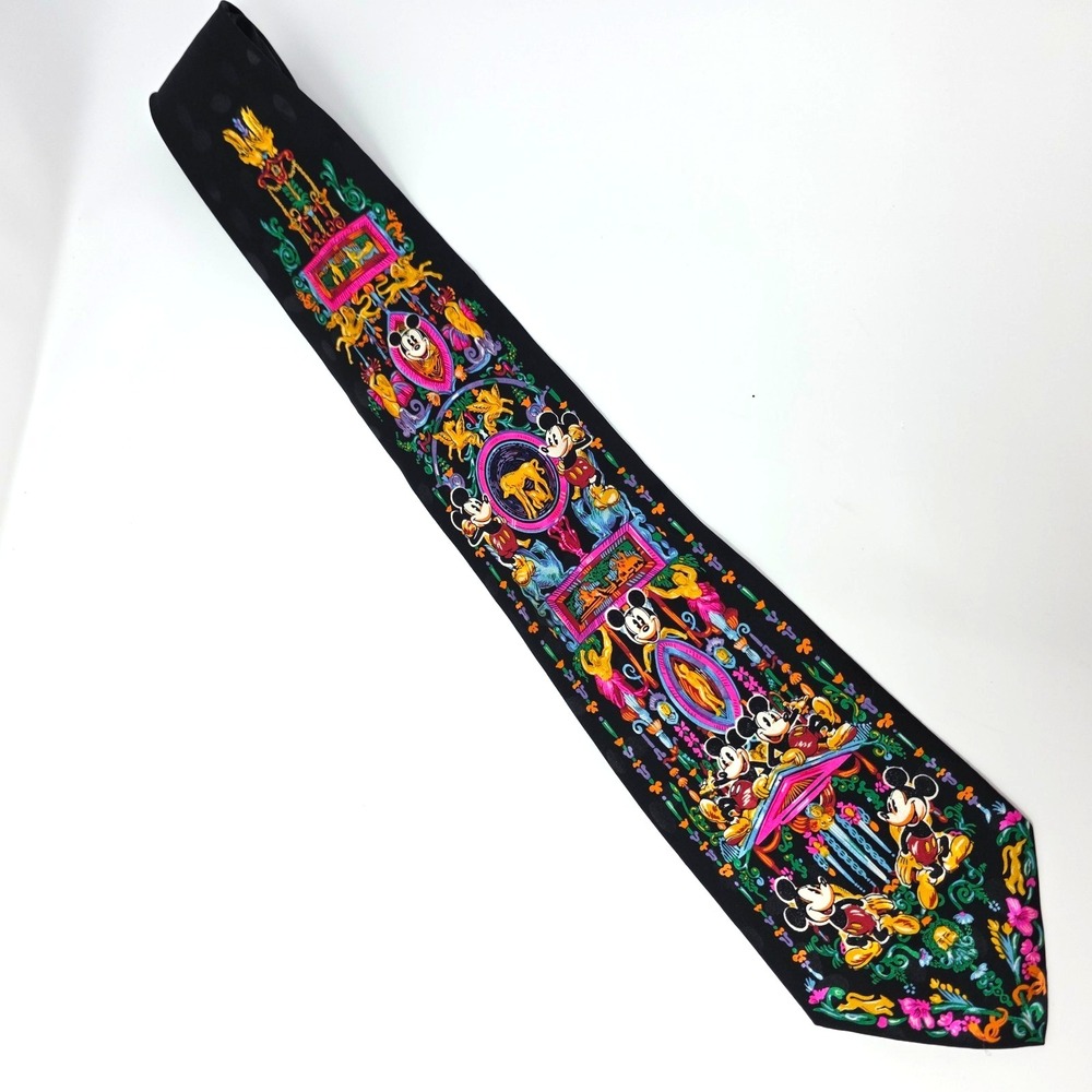 The Disney Store Tie Mens Black Silk Mickey Mouse Print Classic Handmade Vintage
